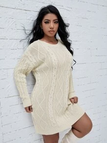 Calvaya Plus Argyle Textured Drop Shoulder Sweater Dress - Apricot - View 3