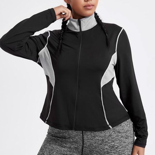 

Plus Color-block Zip Up Mock Neck Sports Jacket, Black