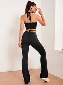 SHEIN ICON Tie Back Halter Top and Pants Set - Black - View 2