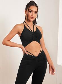 SHEIN ICON Tie Back Halter Top and Pants Set - Black - View 3