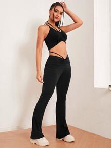 SHEIN ICON Tie Back Halter Top and Pants Set - Black - View 4