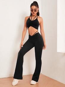 SHEIN ICON Tie Back Halter Top and Pants Set - Black - View 5