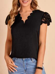 EMERY ROSE Guipure Lace Insert Scallop Trim Tee - Black - View 1