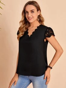 EMERY ROSE Guipure Lace Insert Scallop Trim Tee - Black - View 4