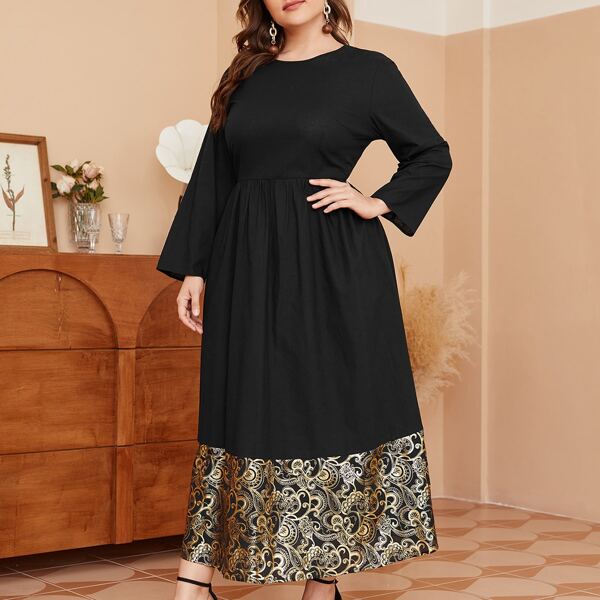 

Plus Scroll Print Single Breasted Dress, Black