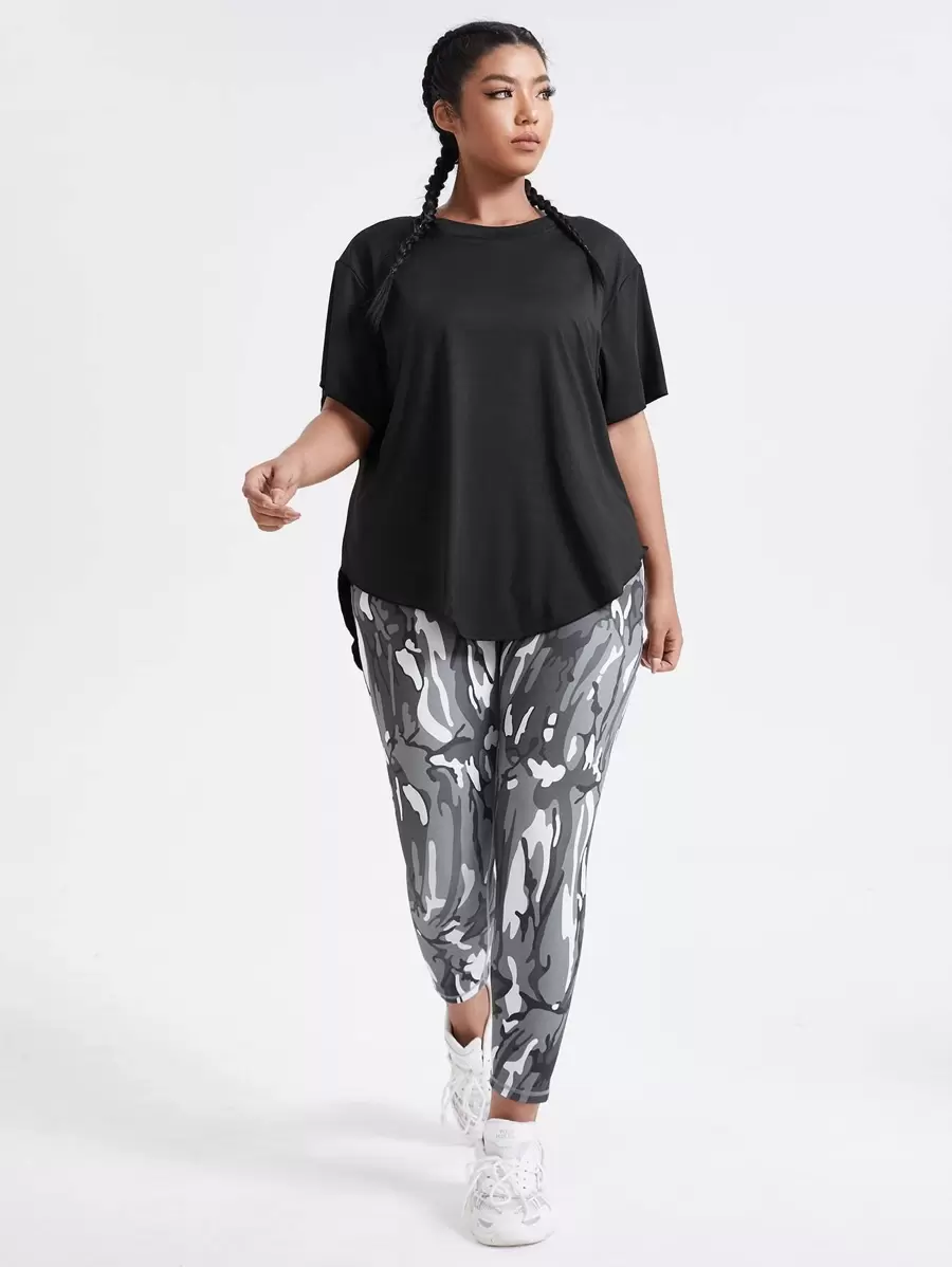 Gameset SHEIN Sport Plus Size High Low Sports Tee With Camo Sports Leggings Workout Women Set - Multicolor - View 1