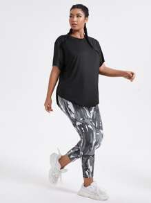 Gameset SHEIN Sport Plus Size High Low Sports Tee With Camo Sports Leggings Workout Women Set - Multicolor - View 3