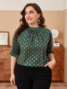 Modelyn Plus Golden Four-pointed Star Print Shirred Cuff Blouse - Green - View 1