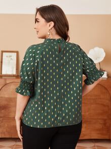 Modelyn Plus Golden Four-pointed Star Print Shirred Cuff Blouse - Green - View 2