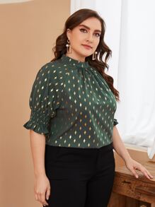 Modelyn Plus Golden Four-pointed Star Print Shirred Cuff Blouse - Green - View 3