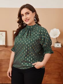 Modelyn Plus Golden Four-pointed Star Print Shirred Cuff Blouse - Green - View 4