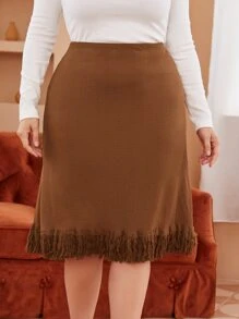 SHEIN Clasi Plus Solid Fringe Hem Skirt - Brown - View 4