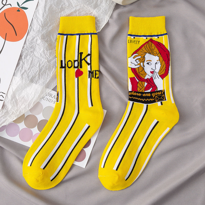 

Figure Pattern Crew Socks, Yellow