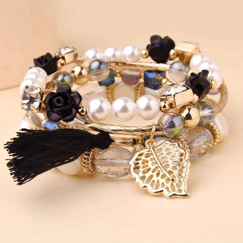 

4pcs Leaf & Flower Bracelet, Gold