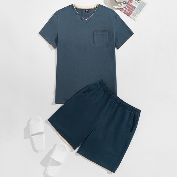 

Men V-neck Patch Pocket Top & Shorts PJ Set, Teal blue