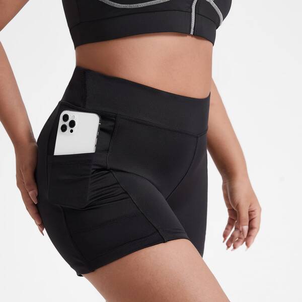

Plus High Stretch Sports Shorts With Phone Pocket, Black