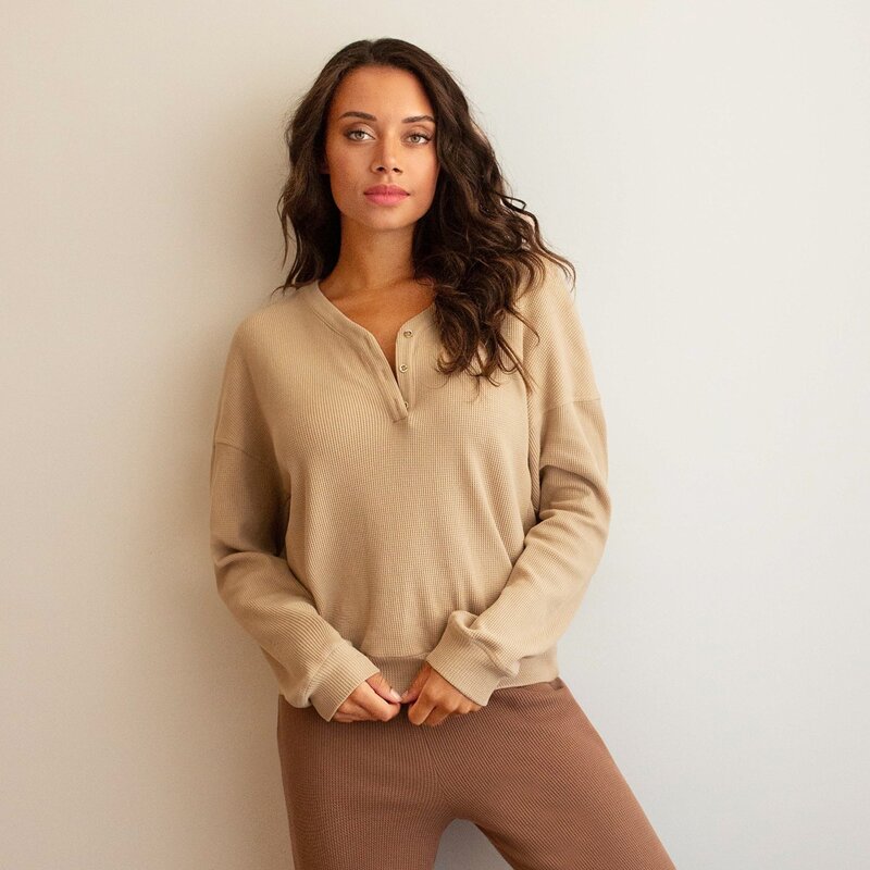 

Waffle Knit Half Button Drop Shoulder Pullover, Camel