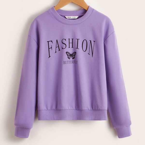 

Girls Butterfly & Letter Graphic Drop Shoulder Sweatshirt, Lilac purple