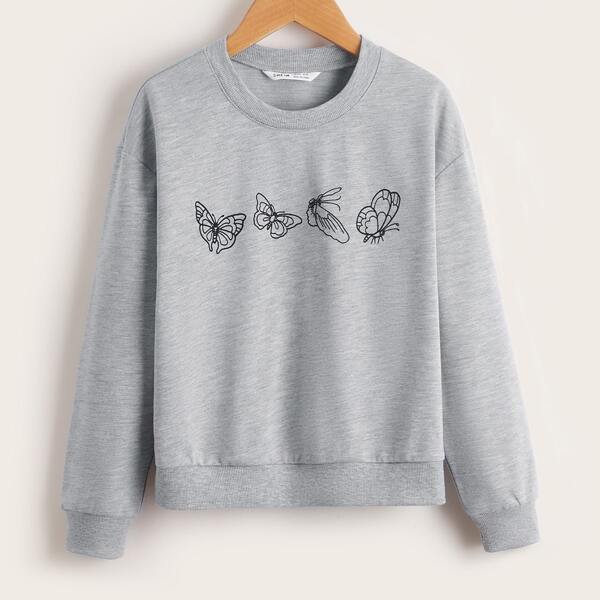 

Girls Butterfly Print Drop Shoulder Sweatshirt, Light grey