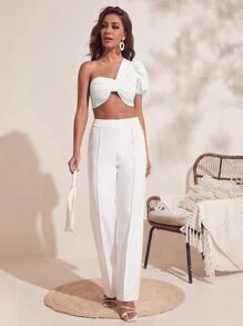 SHEIN VCAY 單肩泡泡袖抽褶短版上衣 - 白色 - 查看 4