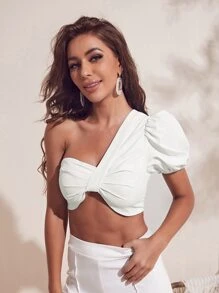 SHEIN VCAY 單肩泡泡袖抽褶短版上衣 - 白色 - 查看 5
