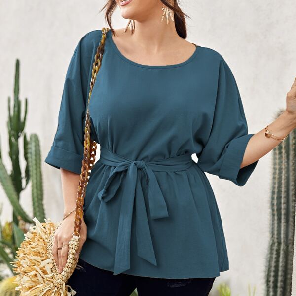 

Plus Solid Batwing Sleeve Belted Blouse, Dusty blue