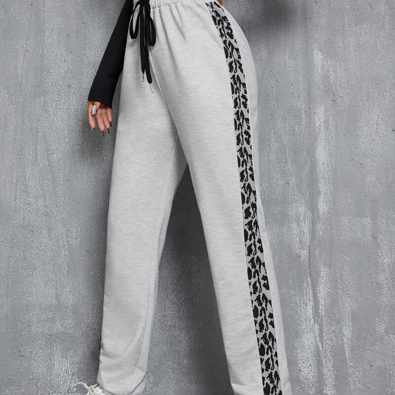 

Drawstring Waist Graphic Tape Side Sports Pants, Light grey