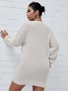 Calvaya Plus Notched Neck Waffle Knit Longline Jumper - Beige - View 2