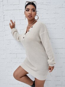 Calvaya Plus Notched Neck Waffle Knit Longline Jumper - Beige - View 4