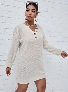 Calvaya Plus Notched Neck Waffle Knit Longline Jumper - Beige - View 5