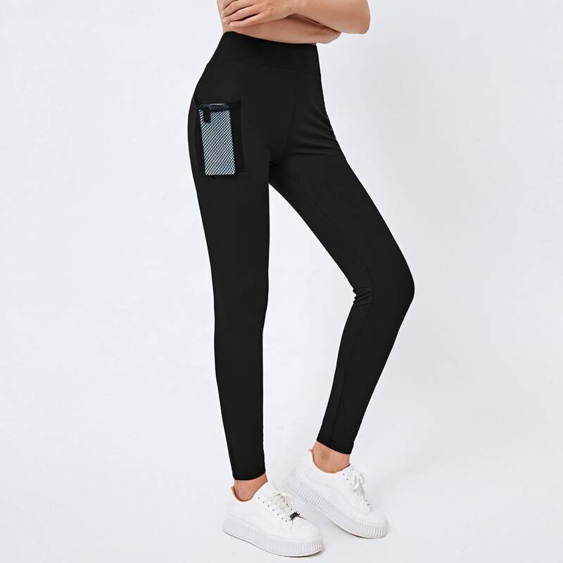 

Solid High Waist Leggings With Phone Pocket, Black