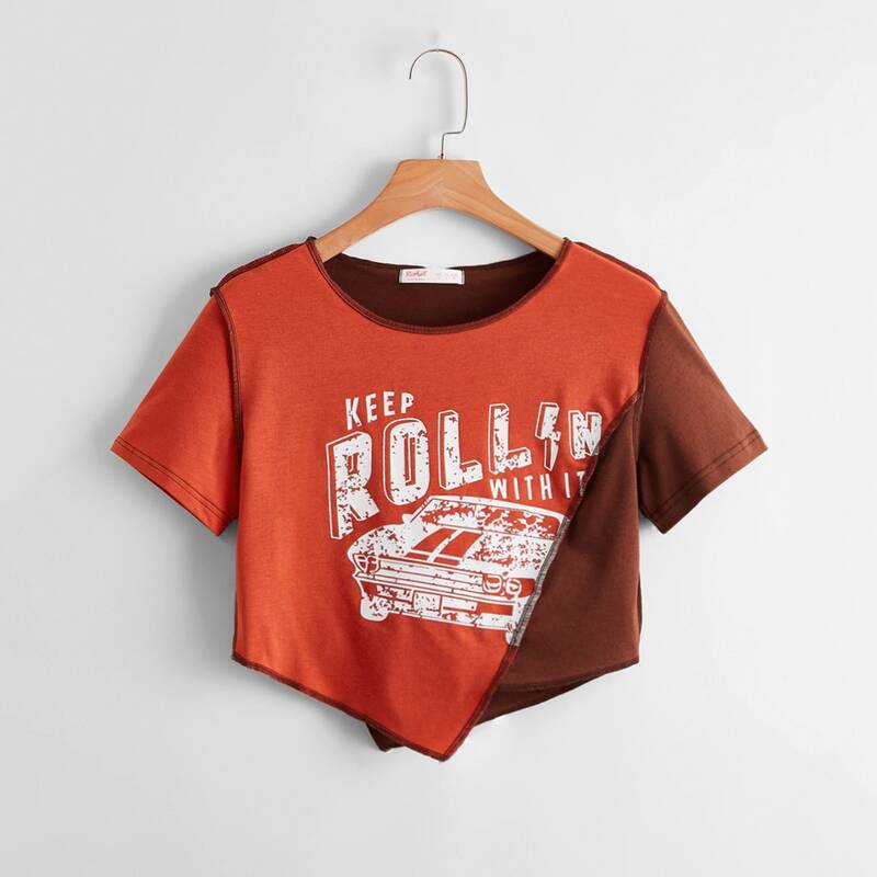 

Stitching Trim Letter Car Graphic Colorblock Tee, Multicolor