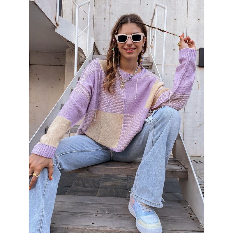 

Colorblock Drop Shoulder Stitch Rib-knit Sweater, Lilac purple