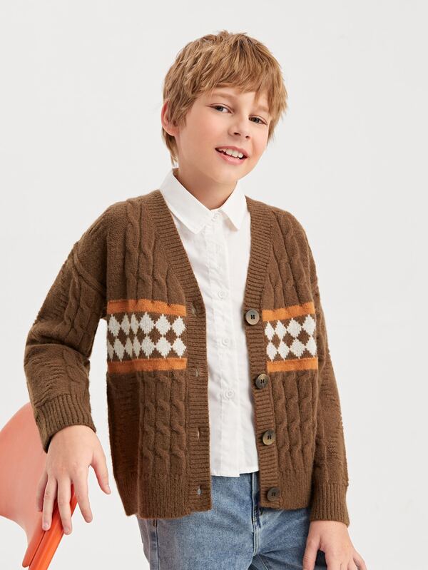 SHEIN Cardigan tricot cablu cu model Argyle pentru băieți