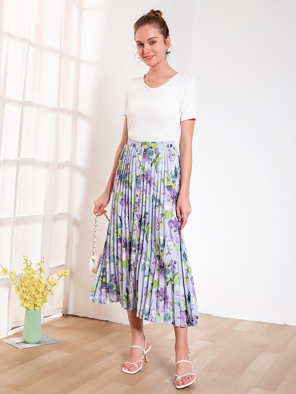 Jupe pliss?�e longue avec boutons | Mode en ligne | SHEIN FRANCE