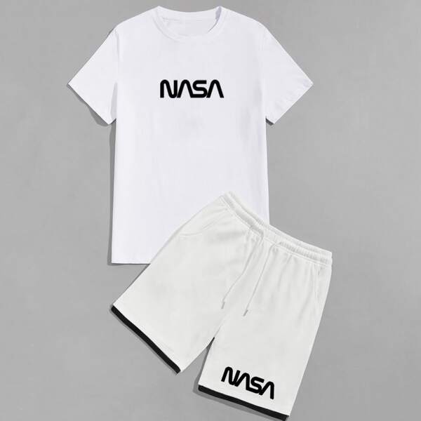 

Men Letter Graphic Tee With Shorts, White