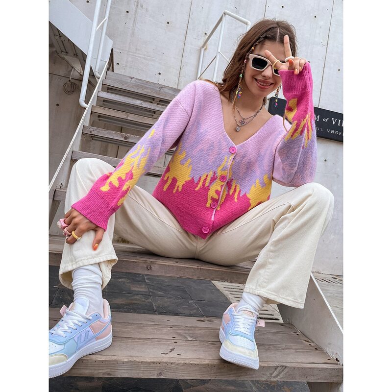 

Fire Pattern Drop Shoulder Button Up Cardigan, Multicolor