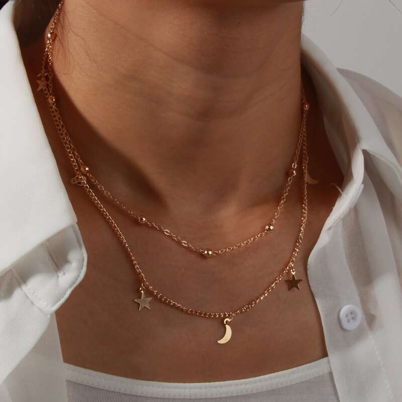 

Moon & Star Charm Layered Chain Necklace, Gold