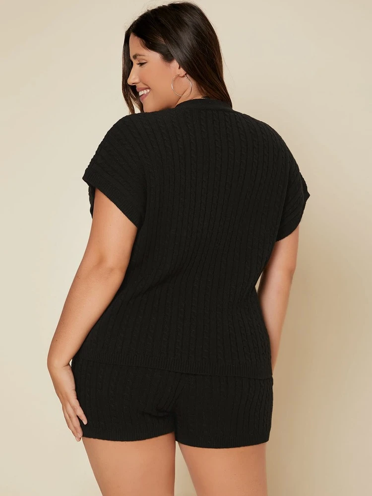 Plus Cable Knit Button Front Cardigan & Shorts Set