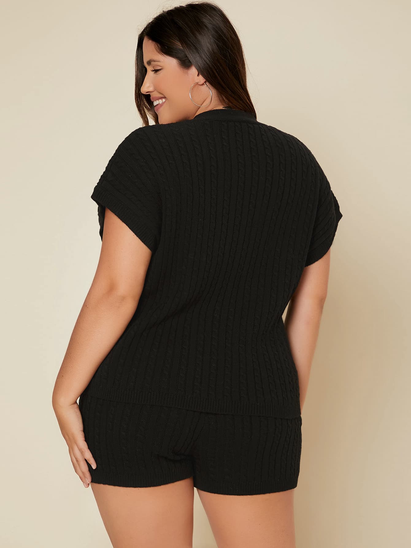 Plus Cable Knit Button Front Cardigan & Shorts Set