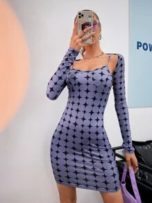 幾何印花吊帶緊身連衣裙和短上衣 - 紫羅蘭色 - 查看 3