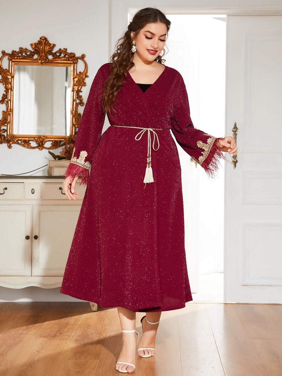 Al Najma Burgundy Red Plus Glitter Fringe Trim Kimono - Burgundy - View 1