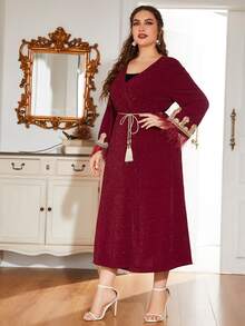 Al Najma Burgundy Red Plus Glitter Fringe Trim Kimono - Burgundy - View 5