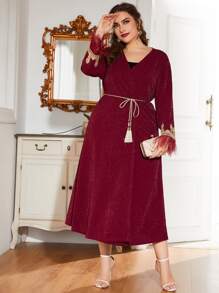 Al Najma Burgundy Red Plus Glitter Fringe Trim Kimono - Burgundy - View 6