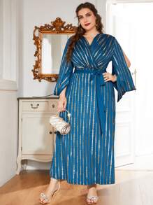 Modelyn Plus Gold Print Belted Wrap Dress - Teal Blue - View 4