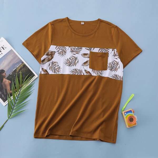

Men Tropical Print Pocket Front Tee, Brown