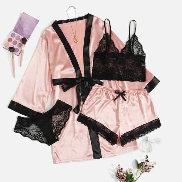 

5pack Floral Lace Satin Lingerie Set With Belted Robe, Black
