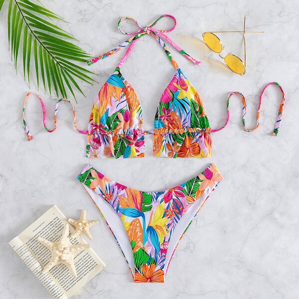 

Plant Print Ruffle Triangle Bikini Swimsuit, Multicolor
