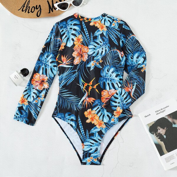 

Floral & Tropical Print One Piece Swimsuit, Multicolor