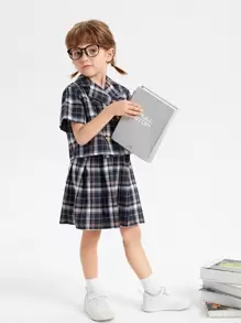 SHEIN 小女童格紋印花西裝領上衣和半身裙 - 彩色 - 查看 1